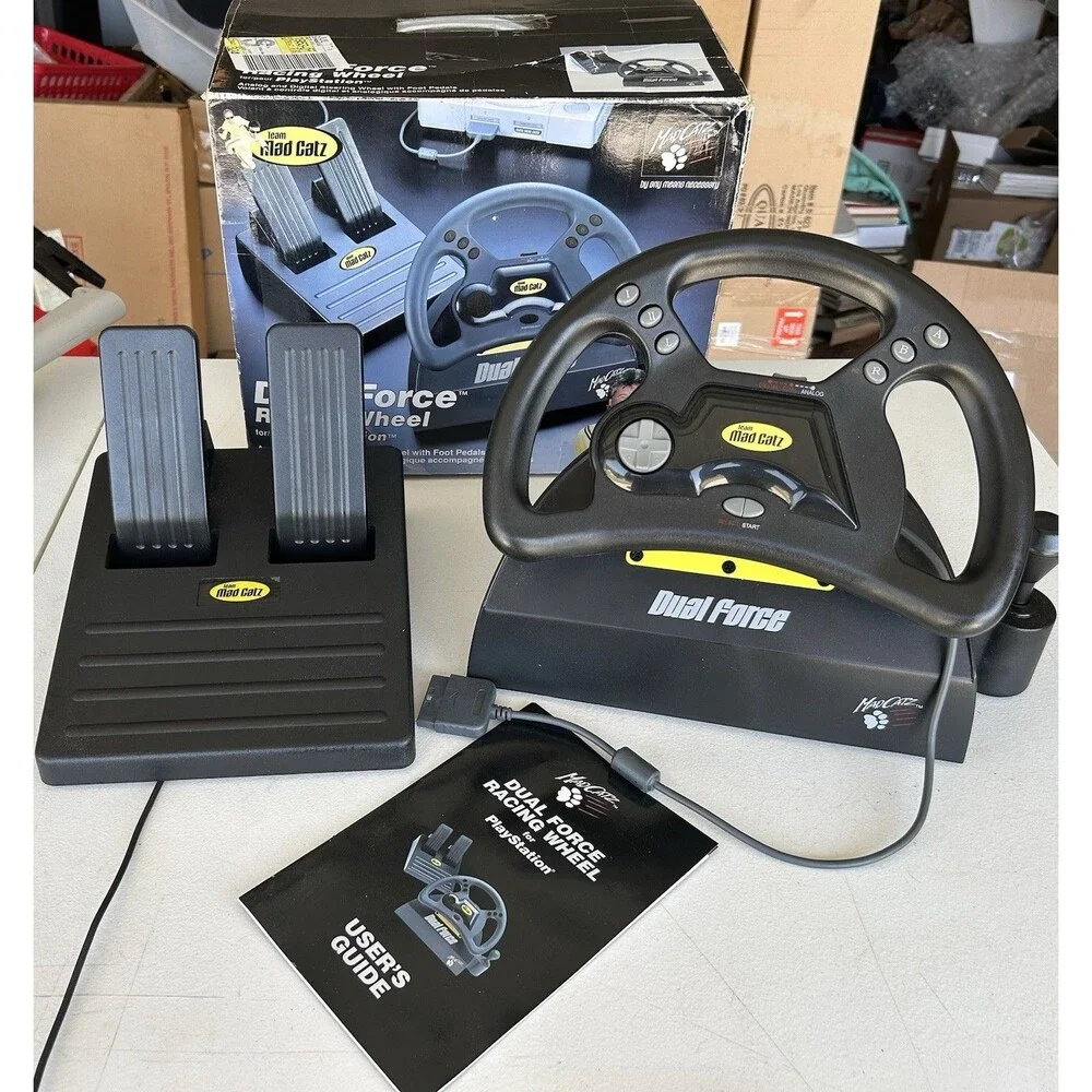 Mad Catz Dual Force Racing Wheel Pedals PS1 PS2 Complete In Box Tested Working